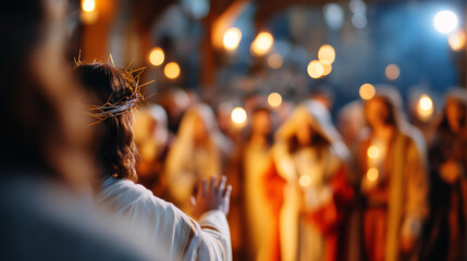 Fototapeta premium Pontius Pilate offering Jesus to the crowd in a biblical scene during Passover, historical religious drama and Good Friday concept, defocused background, with copy space