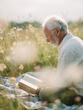 Elderly man reading book on pastel blue picnic blanket in serene summer meadow with soft-focus wildflower background