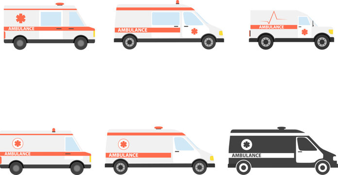 Ambulance car collection vector illustration, medical emergency transport van set in flat style isolated.