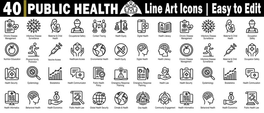 Public health line art icons set. Easy to edit chronic disease management, infectious disease surveillance, maternal-child, and occupational safety tracing, vector illustration.