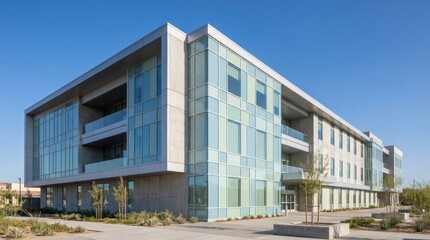 Fototapeta premium Modern Office Building with Glass Facade and Clear Blue Sky.