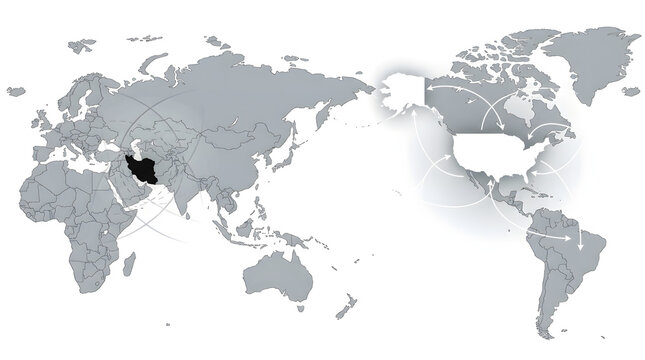 Global map visualization featuring white highlighted united states and black highlighted iran with curved arrows indicating influence and movement.
