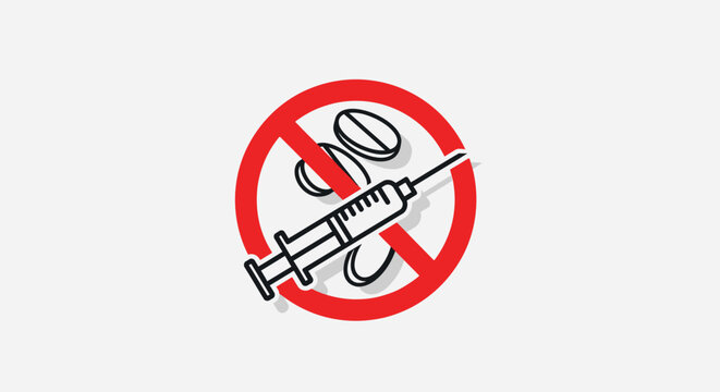Red Stop Sign with Syringe and Pills, Anti-Drug Addiction Symbol on Bright Studio Background