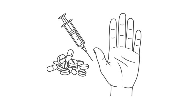 Stop Hand Gesture with Syringe and Pills, Illustrating Anti-Drug Abuse Message on Isolated White Background
