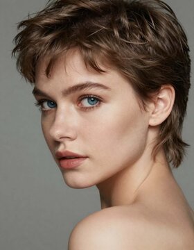 a gorgeous russian female model with blue eyes around 25 years old looking back at the camera with hair in a 80's mullet hairstyle that is cut short on the sides and long in the back