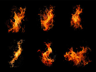Fototapeta premium Set of realistic orange fire bursts isolated on black background for design overlays