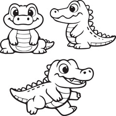 Fototapeta premium Cute Cartoon Crocodile Line Art Vector Set Reptile Character Outline Illustration for Drawings and Coloring Book