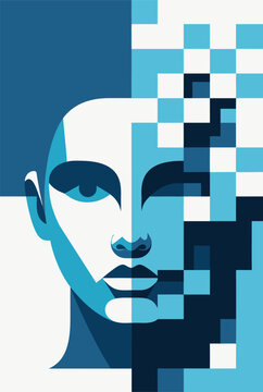 Minimalist geometric portrait of a young woman in a modern flat design style, featuring a creative pixelated mosaic effect and a bold monochromatic blue color palette for contemporary graphic posters