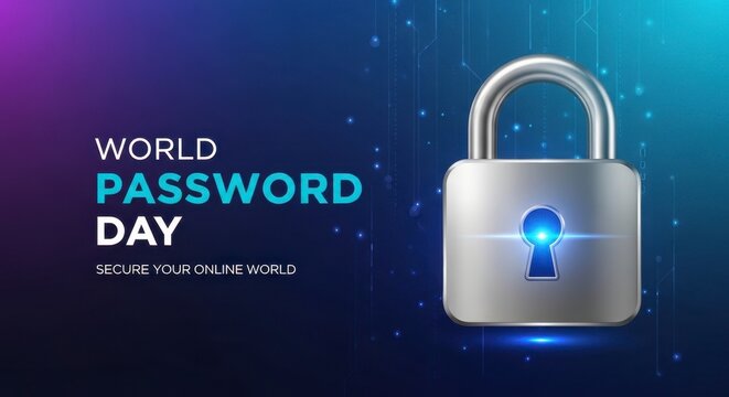 3D password security lock with World Password Day banner on digital background