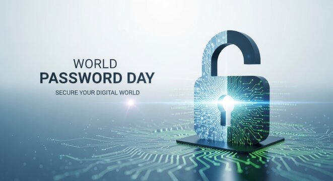 3d padlock on digital world map for world password day cybersecurity concept