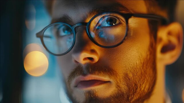 Analytical man in eyeglasses examining digital data on computer screen.