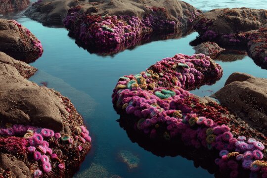 Rocky coastline features vibrant purple sea stars clinging to intertidal rocks during low tide