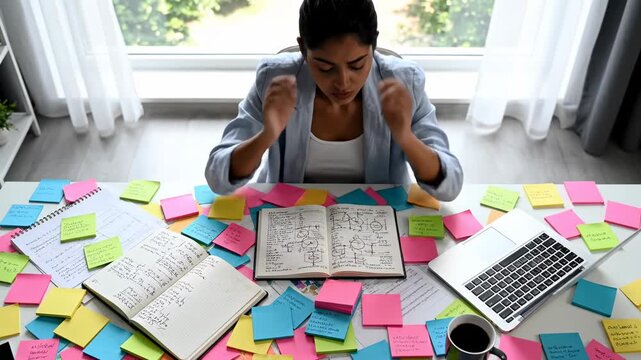 Frustrated professional woman feeling anxious and stressed from too much work, sitting at a messy desk covered in sticky notes, struggling with poor time management and an impending deadline
