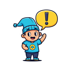 Fototapeta premium Cheerful cartoon boy with a blue hat and an exclamation mark bubble.