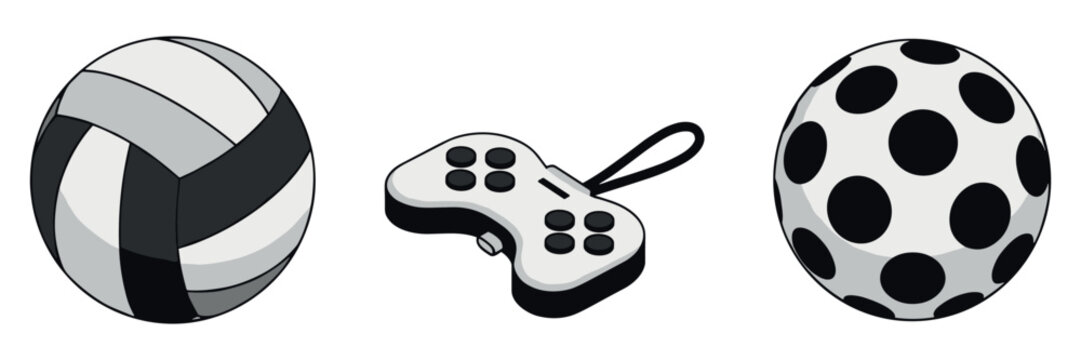 Three play items with balls and game controller on white