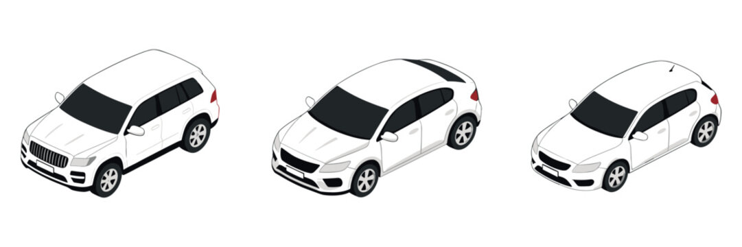 Three compact cars depicted in isometric view on plain background