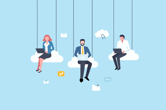 People working remotely on cloud shaped platforms utilizing laptops