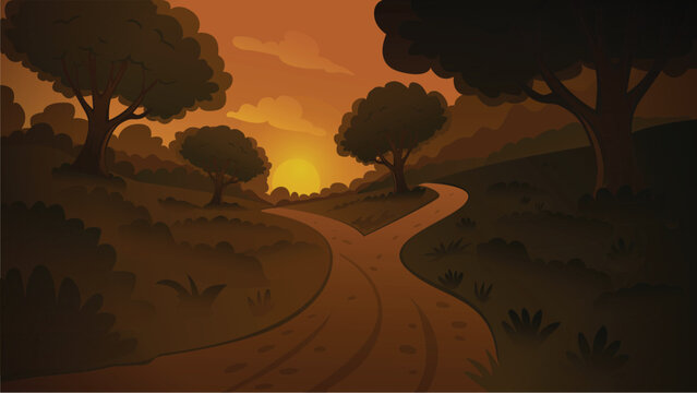 A forest, trees, sunset, sun, and plants&mdash;a two-dimensional animated cartoon illustration in a cinematic style, and another path with subtle dark shadow shapes representing