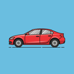 Fototapeta premium Red sedan car illustration on a blue background side view modern design.
