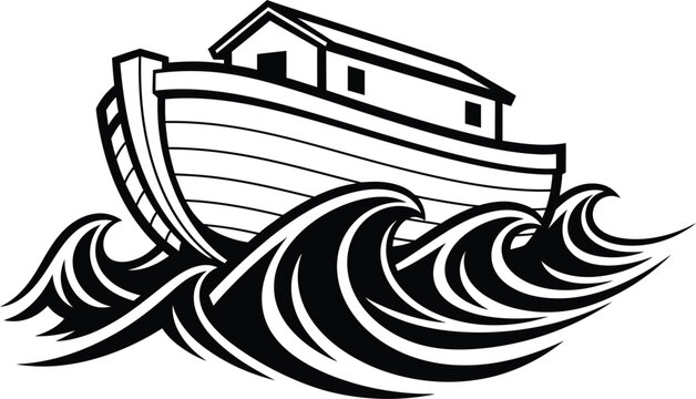Noah Ark Ship Sailing Outline On Waves Minimal Line Art On White Background