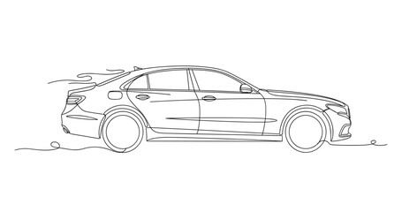 Obraz premium Sedan car driving profile on flat road outline. No editable stroke