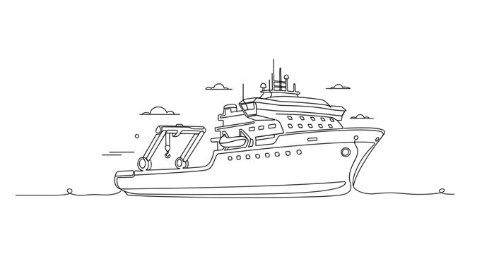 Research vessel cruising on calm ocean near horizon. No editable stroke
