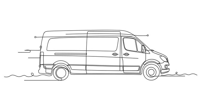 Cargo van driving along road in simple line drawing. No editable stroke