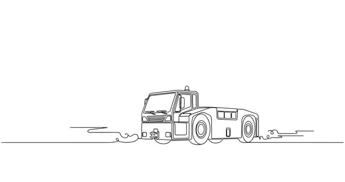 Aircraft tug moving on tarmac in minimalist line drawing. No editable stroke