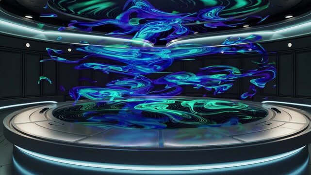 Holographic vortex rotating above circular platform. Science studio scene with luminous bluegreen swirls, particle flow, levitation effect, reflective base, cinematic lighting, experimental atmosphere