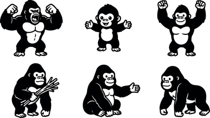 Naklejka premium Six gorillas showing different poses and expressions