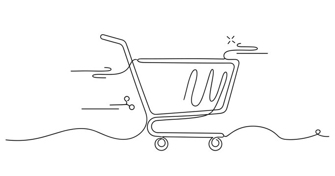 Dynamic continuous line drawing of a moving shopping cart in motion. None editable stroke