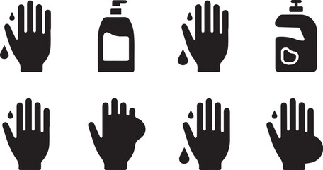 Obraz premium Professional sanitation and hand washing icons for healthcare environments illustrating cleaning procedures and liquid soap dispensers