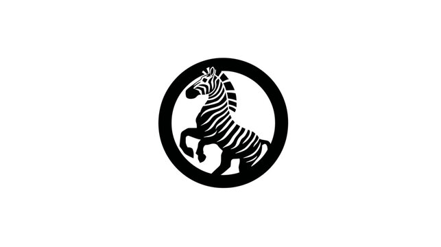 A monochrome illustration features a rearing zebra enclosed within a solid black circular frame