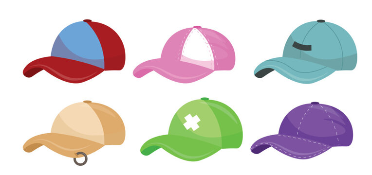 Set colorful trendy baseball caps in cartoon style. Vector illustration of sports hats, baseball caps with visors in different designs, piercings isolated on white background. Sun protection hats.