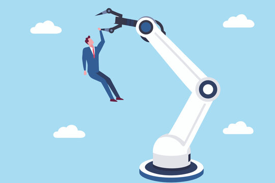 A robotic arm reaches down to assist a businessman reaching for help