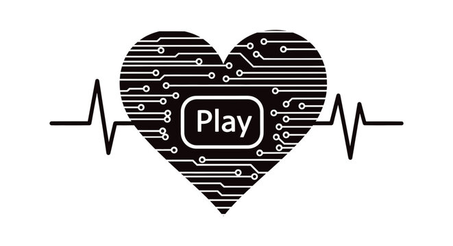 Digital Heart Icon with Electronic Circuit Board Pattern, Heartbeat Pulse Line, and Play Button Representing Techno Music, Medical Cybernetics, Artificial Life, and Love for Technology