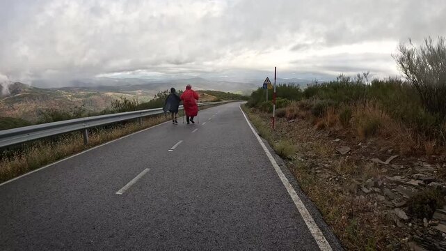 Montes de Leon - pilgrims walking the LE-142 mountain road between Manjarin and El Acebo, municipality of Molinaseca, El Bierzo, province of Leon, Spain