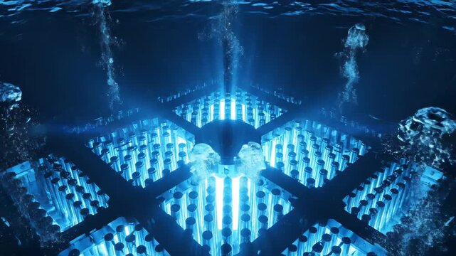 Nuclear Reactor Core Glowing Blue with Steam