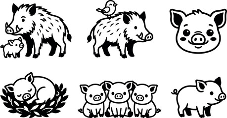 Naklejka premium Black and white boar with piglets and bird line art vector set
