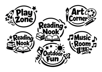 Fototapeta premium Set of vector labels for child care areas featuring play zone, reading nook, art corner, music room, and outdoor fun themes