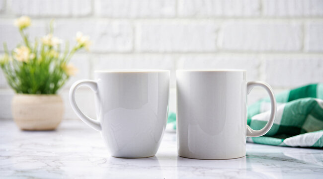 Two blank white coffee mugs on marble top table, green checkered towel and white brick wall.