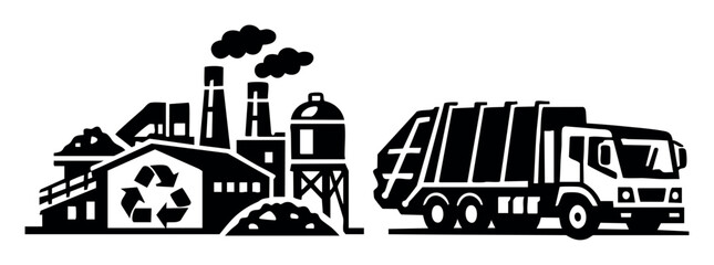 Naklejka premium Garbage truck approaching a recycling plant with smoke stacks, representing urban waste collection, industrial processing, and sustainability