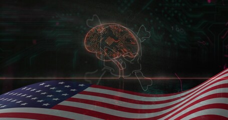 Naklejka premium Glowing brain pulsing with microchip on dark motherboard, showing waving American flag and skull