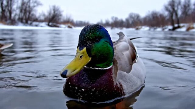 Low angle of mallard duck floating in a cold river with two female ducks on either side of him
