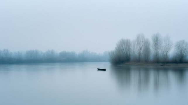 Small Boat on a Misty Lake with Leafless Trees