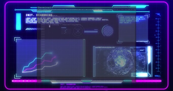 Projecting holographic HUD showing charts, globe and code on AR dashboard, neon frame
