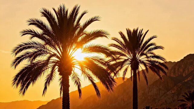 Palm trees at sunset with mountains