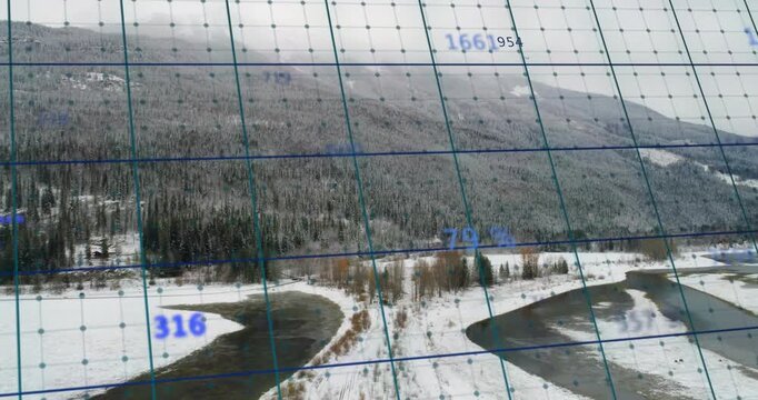 Survey aircraft initiating motion, camera panning river split as grid labels updating for mapping