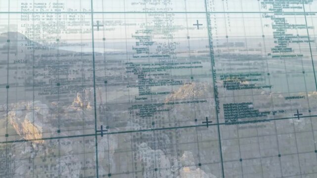 Semi-transparent grid overlay centering while camera panning, revealing text aligning over rocks