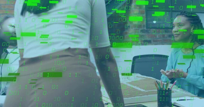 Standing woman joining meeting, walking into office and causing green matrix overlay masking papers